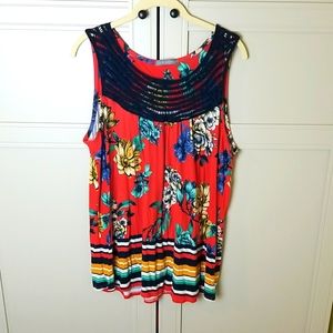 Loveappella floral tank top Stitch Fix crochet yoke red green yellow navy 1X